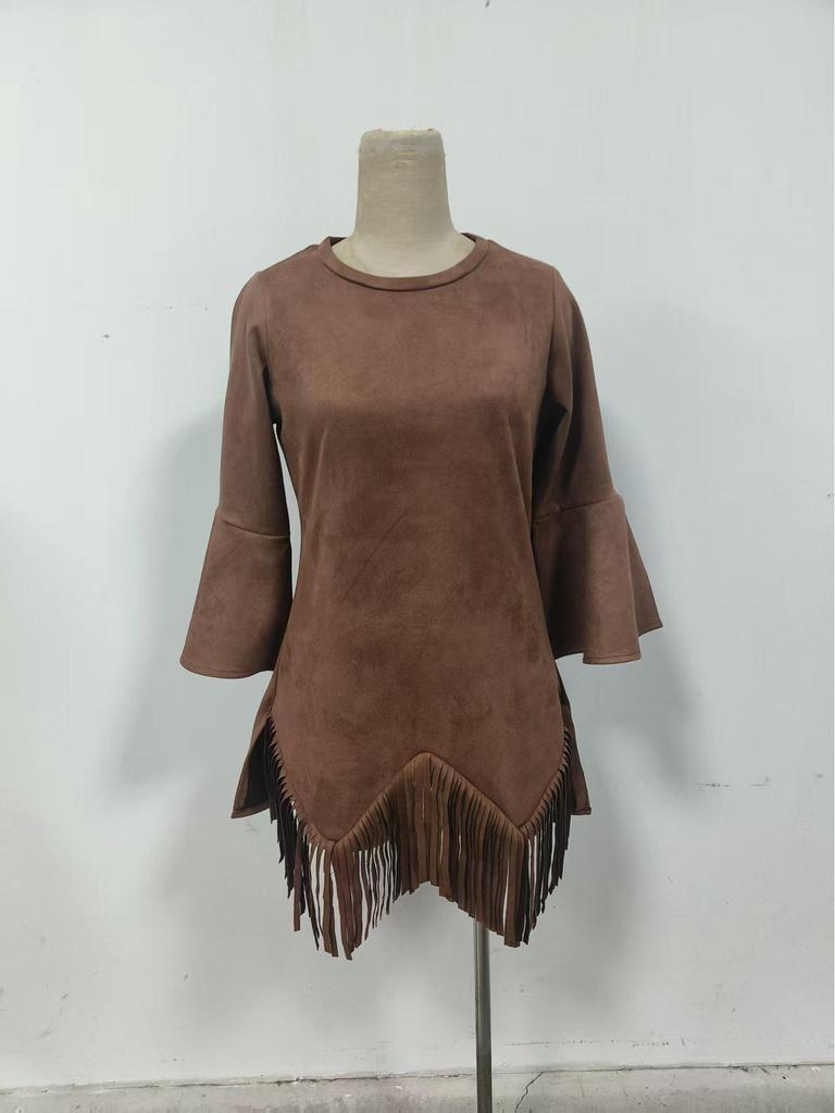 Retro Bell Sleeve Tassel Loose Dress for Women