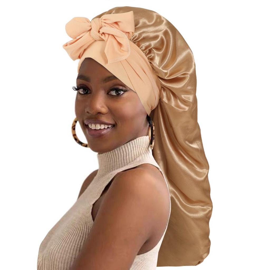 Bowknot Long Tail High Elastic Satin Sleep Cap and Bath Cap