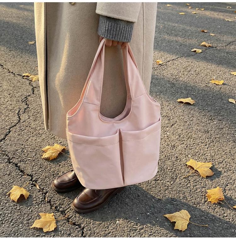 Korean Style Multi-Pocket Canvas Tote Bag with Large Capacity for Lunch or Shoulder Use
