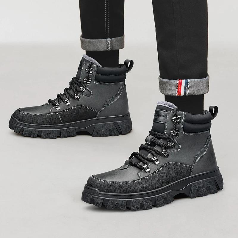 Men Casual Luxury Boots Winter Short Plush High Top Genuine Leather Outdoor Oxford Shoe Casual Cow Tendon Bottom Work Short Boot
