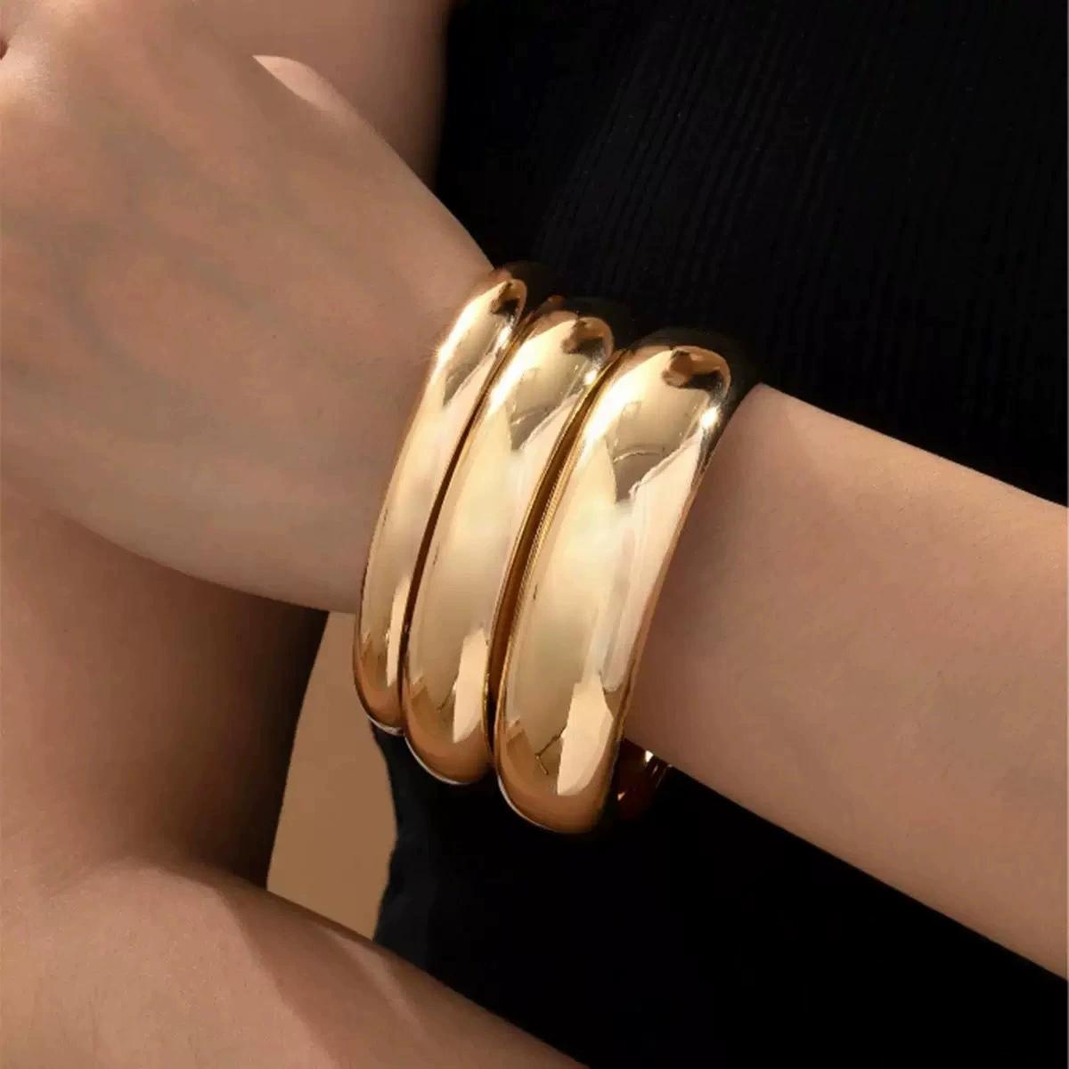 17KM 3Pcs/Set Classic Geometric Wide Bangles for Women Geometric Smooth Gold Silver Color Chunky Bracelets Party Jewelry Accessories