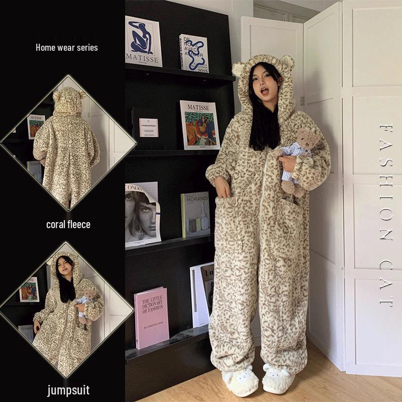

Women s Winter Hooded One-Piece Pajamas - Cute Cartoon Leopard Print, Thickened Coral Fleece, Warm Velvet Flannel Homewear XL