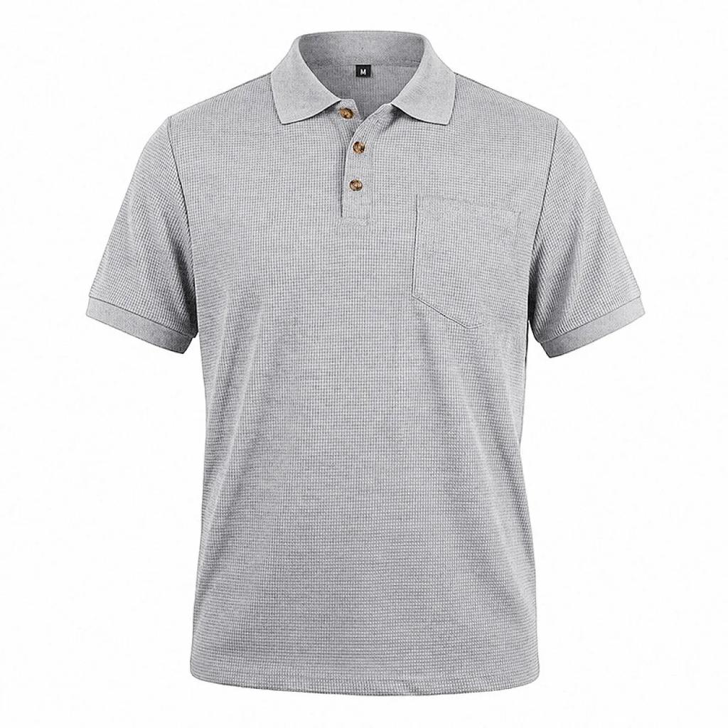 Men's Breathable Waffle Knit Polo Shirt Short Sleeve Button Placket Chest Pocket Loose Fit Summer Tops