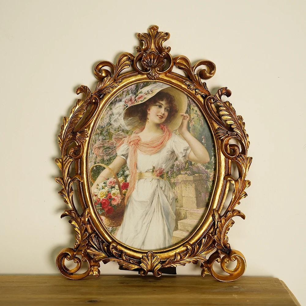 Gold Vintage Picture Frame European Antique Style Home Office Decor Desk Photo Frame for Wall Mounting Tabletop Wedding Display