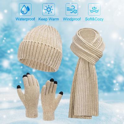 3 Pcs/Set Winter Hat Scarf Gloves Set Unisex Knitted Thick Warm Stretchy High