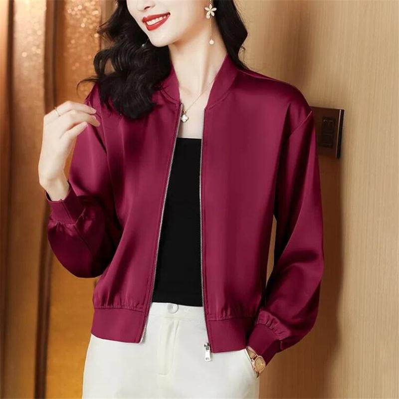 Hedvábné krátké bundy Dámské kabáty Volné saténové svrchní oblečení Jednobarevná látka Zip Baseballová bunda Jaro Podzimní oblečení Dámská bunda