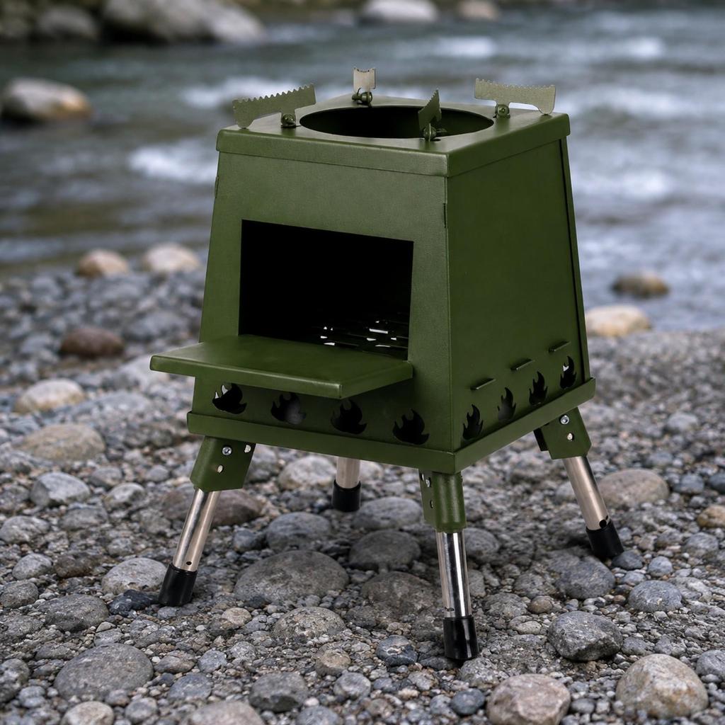 Square Firebox with Cooking Shelf Foldable Camping Folding Legs Ventilated