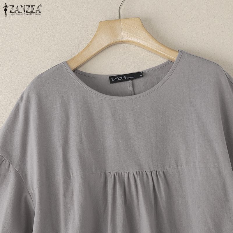 ZANZEA Damen Freizeit Rundhals Einfarbig Kurzarm Bluse