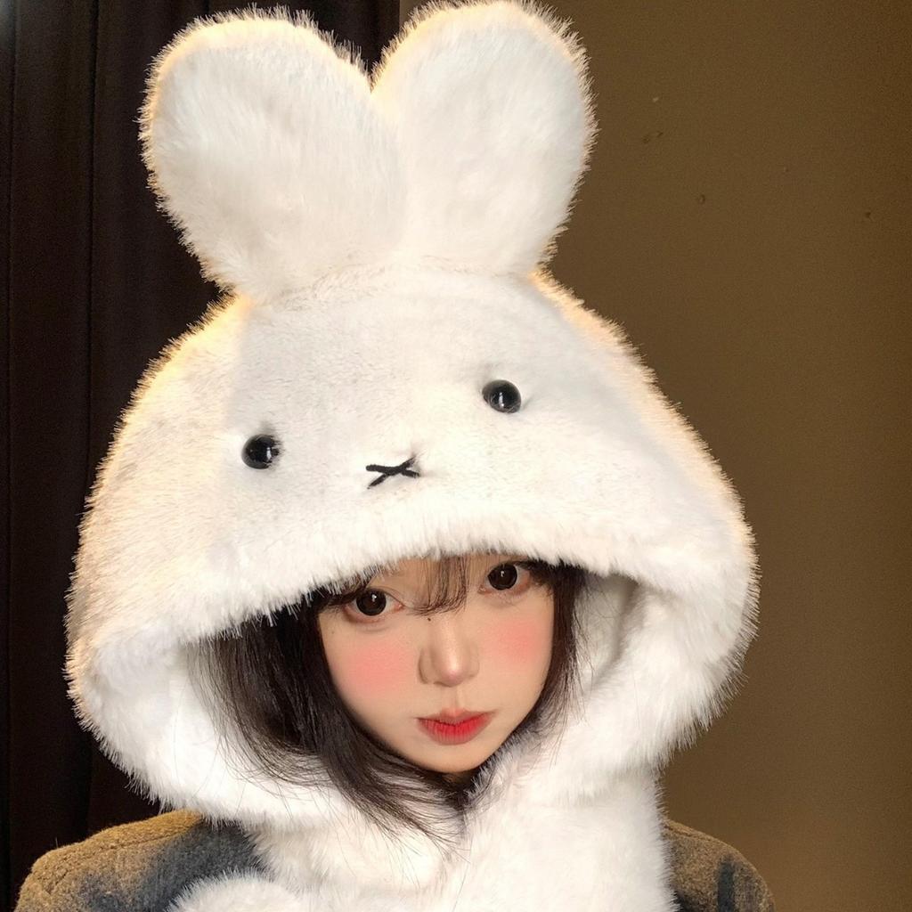 Roztomilý bílý králík Miffy plyšová čepice šála integrovaná dámská zimní plyšová zesílená teplá ochrana uší Lei Feng čepice