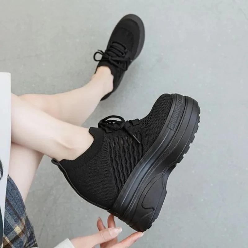 Fashion 11cm Air Mesh Sock Knitted Platform Wedge Comfy Women Sandals Slides Summer Flats Hollow Chunky Sneaker Breathable Shoes New