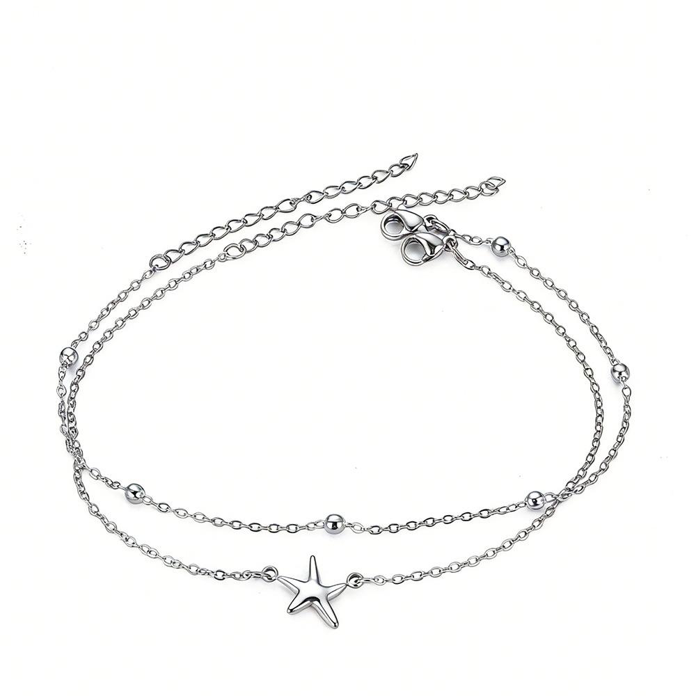 2Pcs/Set Stainless Steel Star Double-Layer Anklets for Women Ladies Waterproof Small Hole Bead Foot Chains Jewelry Accessories