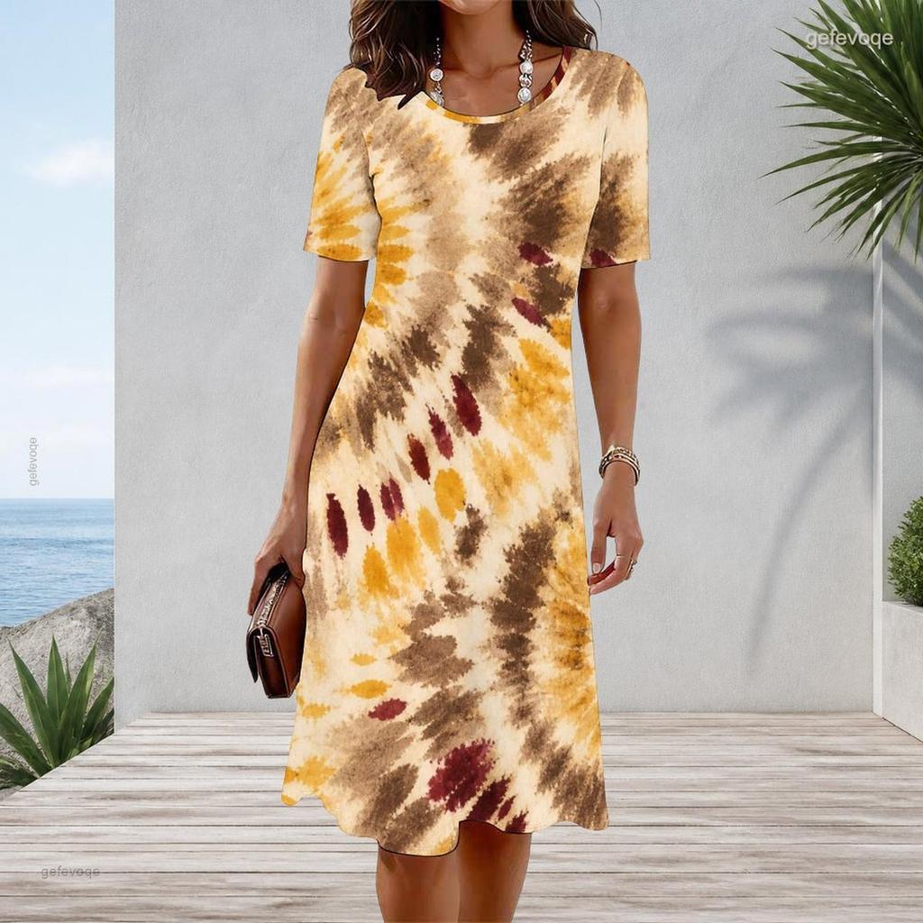 Women Plus Size Round Neck Short Sleeve A Line Printed Casual Dress