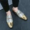 Fashion Men Golden Loafers with PU Splicing Printed Horse Buckle Decoration Fashionable British Style Business Leisure Shoes