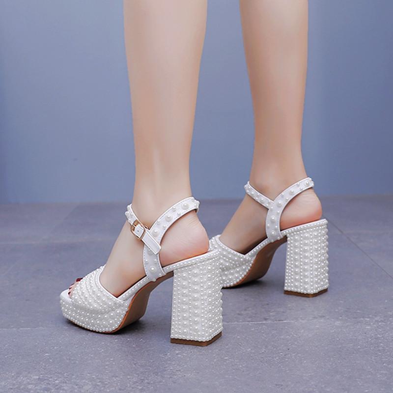 Luxury Handmade Full Pearls Thick Heeled Women Gladiator Sandals Summer Platform Wedges High Heels Chunky Sandals Shoes