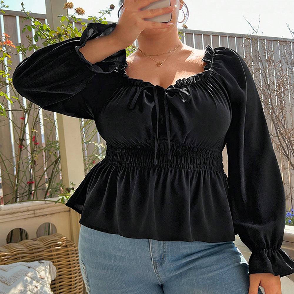 Plus Size Women Square Neck Puff Sleeve Waist Cinching Long Sleeve Solid T Shirt 1XL