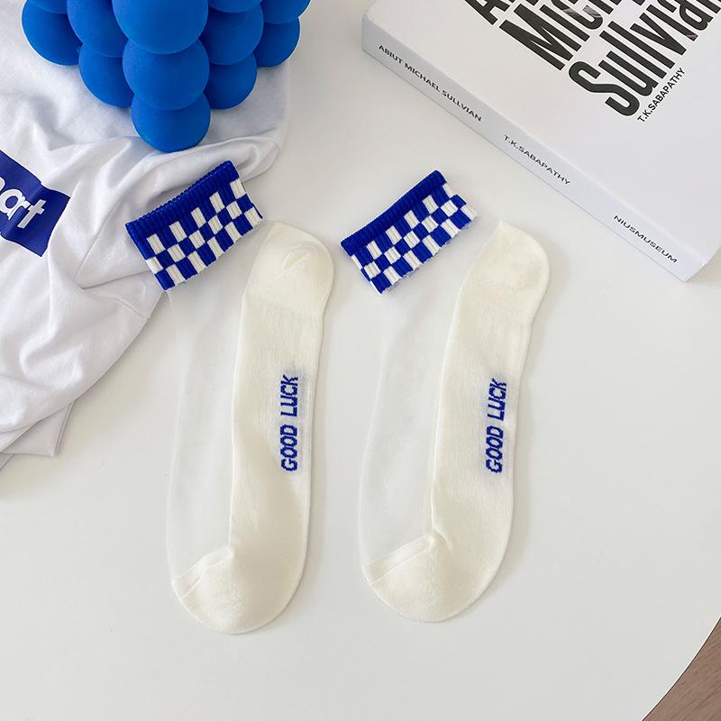 Women's Spring and Summer Light and Trendy Invisible Short Socks Blue Cartoon Smiling Face Glass Sole Boat Socks