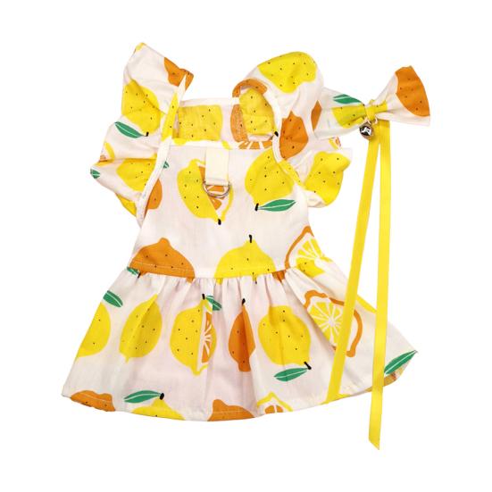 

1 Set Pet Skirt Square Neck Ruffle Sleeve Bowknot Collar Lemon Print M жёлтый