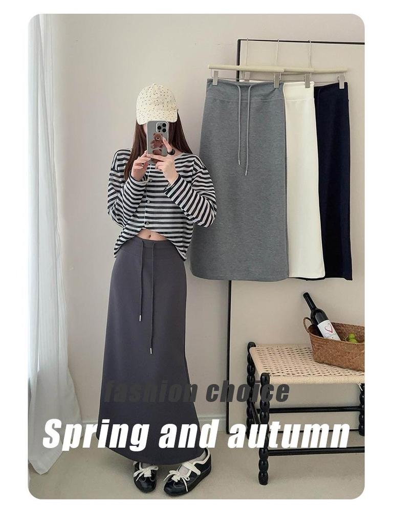Korean High-Waisted Drawstring Midi Skirt for Women, Early Spring Casual Slimming Fit