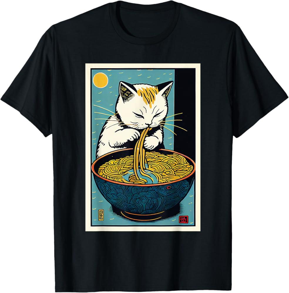 Round Cute Cat Smoke Hot Lamian Noodles Cartoon Printed T-shirt Vintage Pure Cotton Personality Short Sleeve for Men and Women