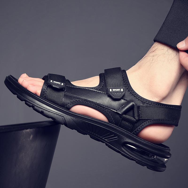 Solid-color outdoor round-toed perforated breathable and anti-slip Velcro elastic design men's casual beach  Flat Designer Shoes