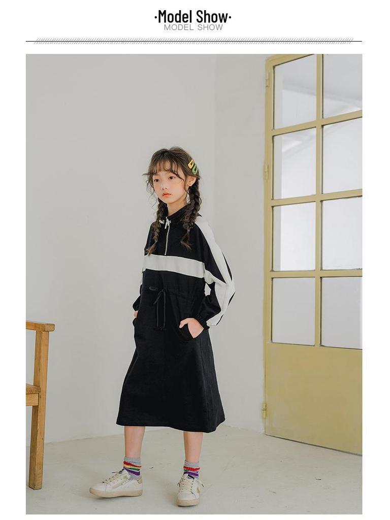 Frühling/Herbst 2024 Mädchen Lässiges Patchwork Stehkragen Langarmkleid für Eltern und Kind