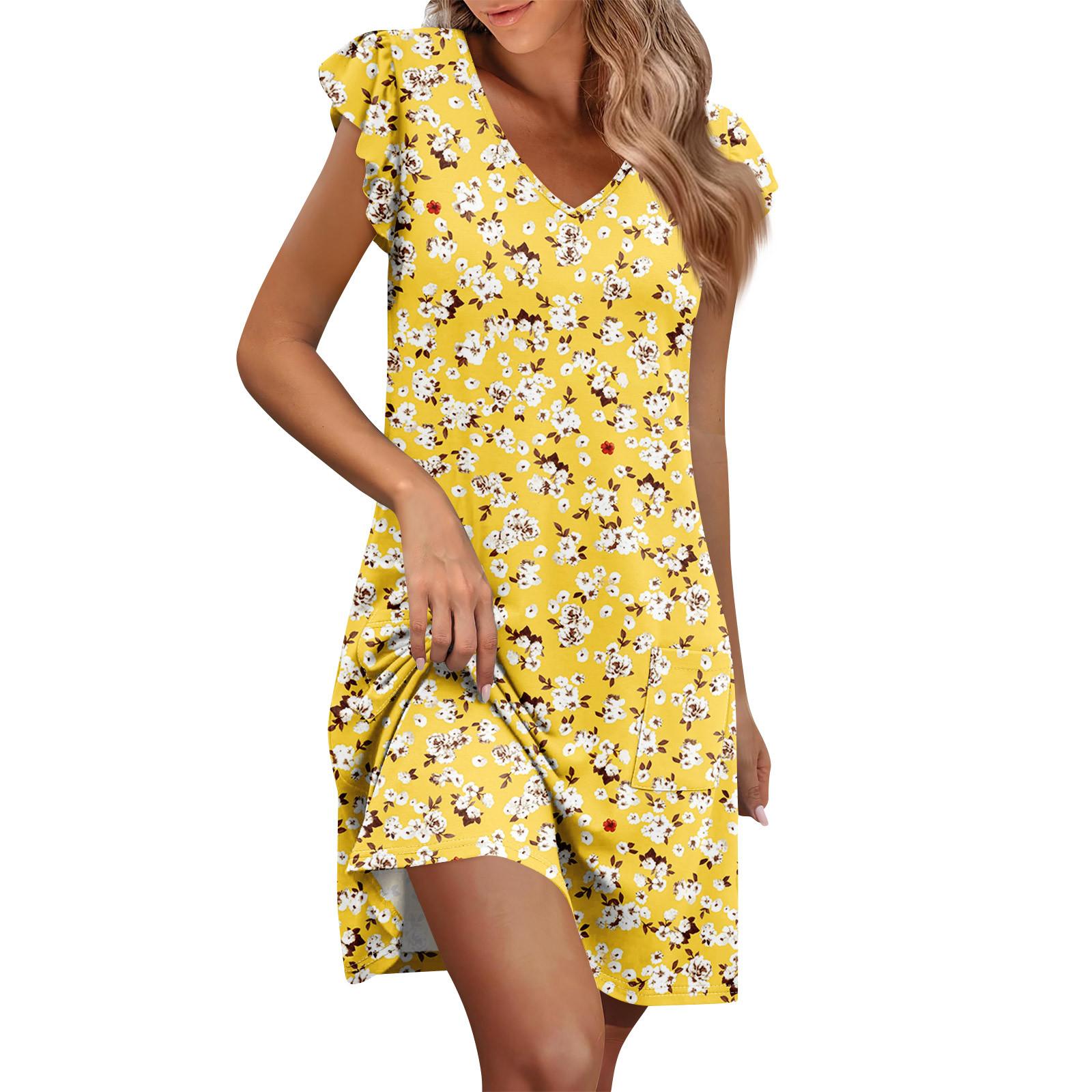 

Женское летнее платье с рукавами-рюшами, V-образным вырезом, короткие платья, модное, повседневное, свободное, А-силуэта, платье-солнце с карманом M