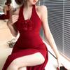 Design Sense, Temperament, Holiday Style, Red Dress Hanging Neck V-neck High Split Fork, Thin and High Dress, Dress Skirt