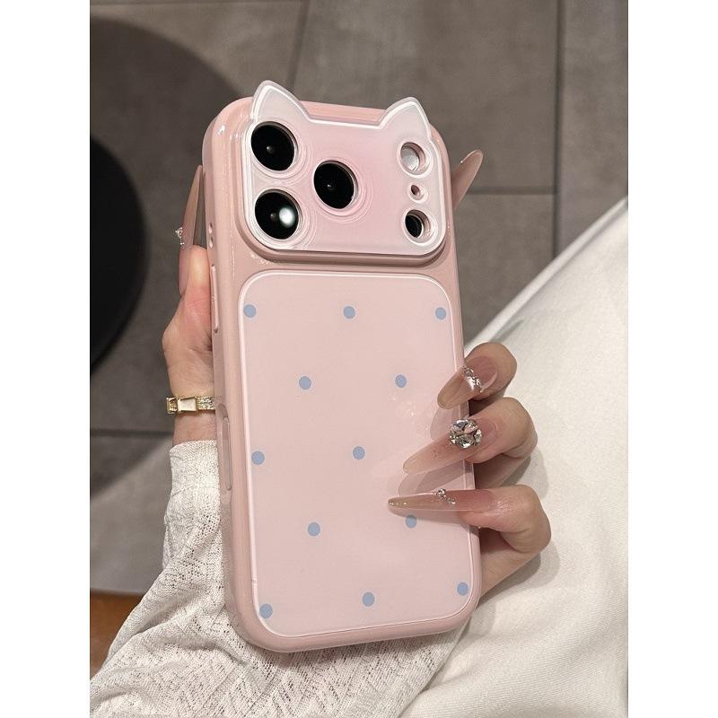 Girl powder is suitable for contrasting color polka dots Apple 17promax mobile phone case cat ears 14PM with lanyard iPhone16