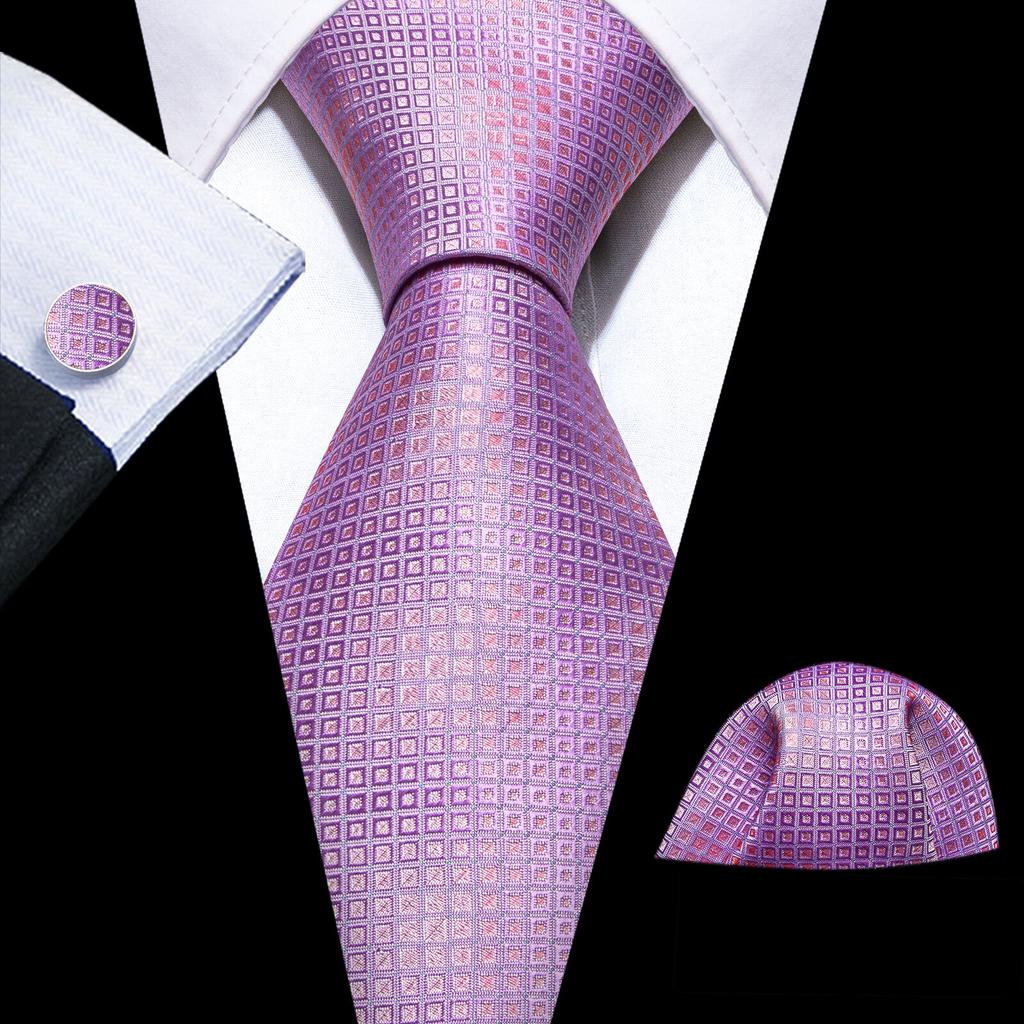 Barry.Wang Zestaw Krawat Poszetka Spinki do Mankietów Jasnofioletowy Szary Niebieski Krata Kwadraty Żakardowo Tkany Ślub