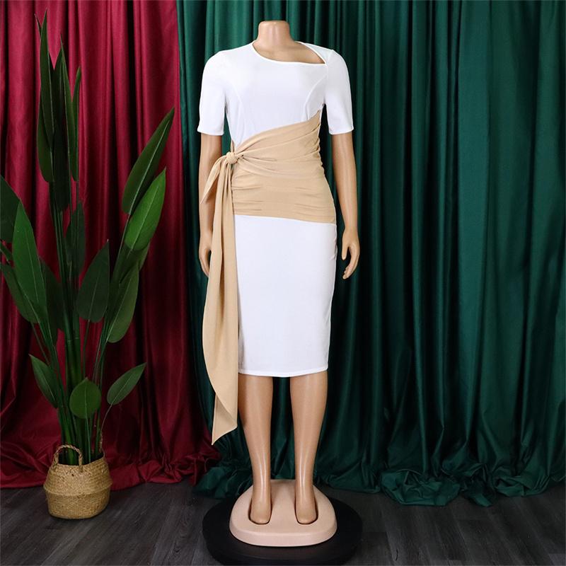 Pleated Strap Clothing Summer Short Color Matching Large Size Women's Sleeve Diagonal Collar Sheath Dress