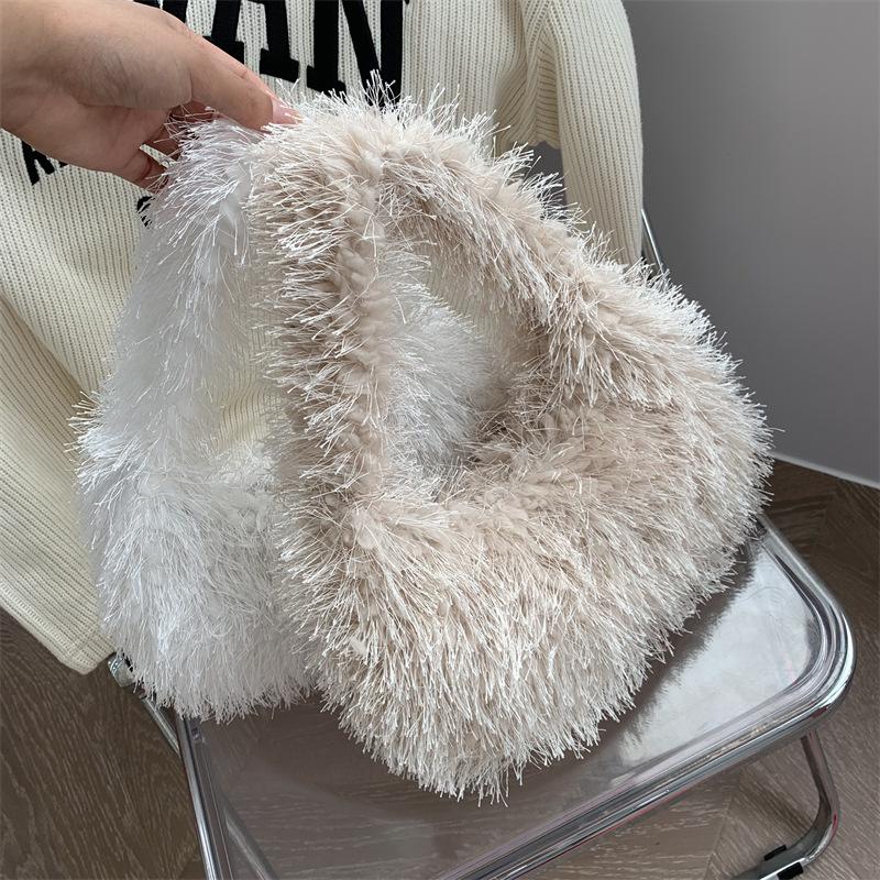 Einfarbige Damen-Schultertasche aus Kunstpelz, süße Winter-Plüsch-Handtasche, einfache Damen-Umhängetasche, Geldbörse, Clutch