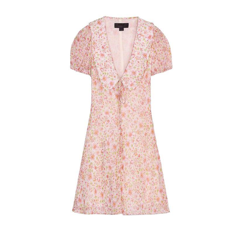 

Spring and Summer New Women clothes Bowknot Decoration Puffy Short Sleeve Small round Lapel Print Short Dress 2785039 Light pink L