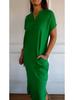 New Spring/Summer Women's V-neck Cotton-Linen Short-Sleeve Slit Loose-Fit Dress