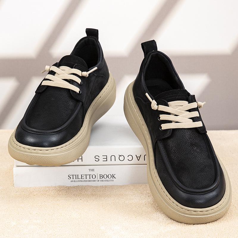 2025 Autumn Men's Height-Boosting Thick-Soled Leather Skate Shoes - Comfortable, Fashionable Lace-Up Design