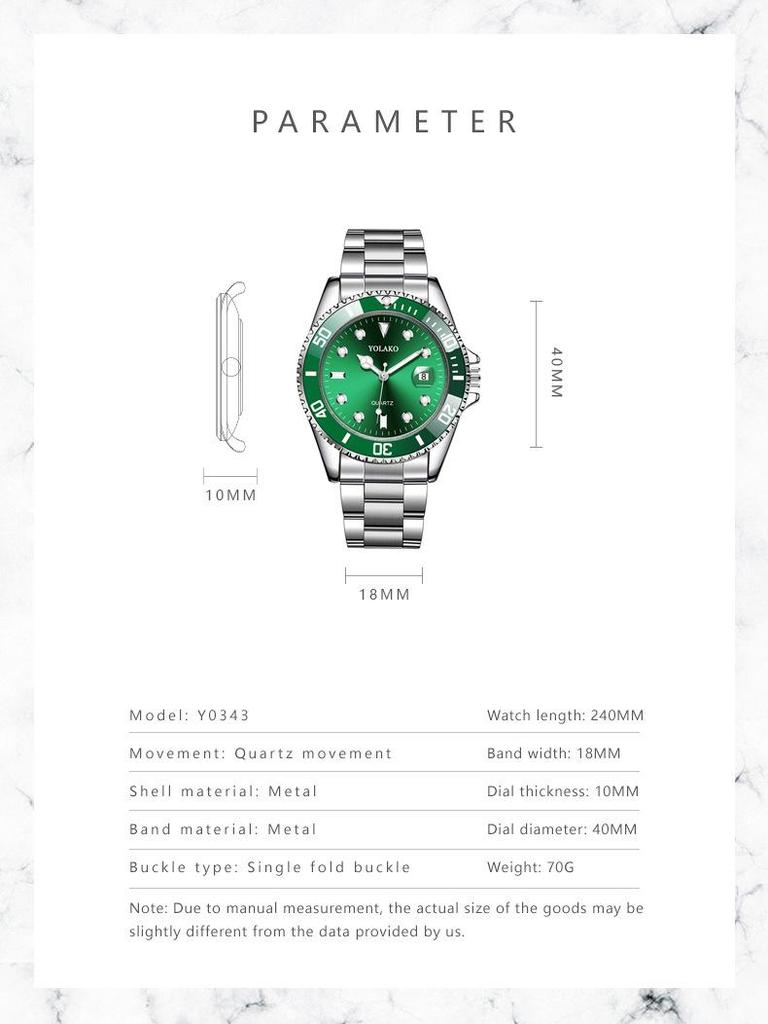 Herren High-End Grüner Wassergeist Quarz Uhr mit Kalender und Stahlband