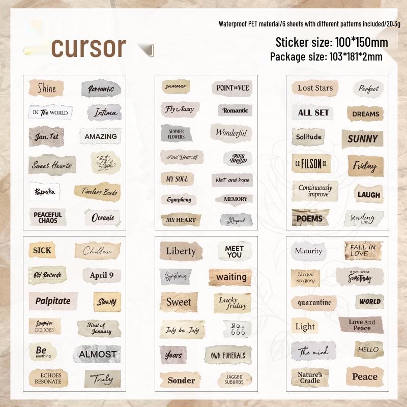 Yuezhen Retro English Text Die-Cut PET Sticker for Journals