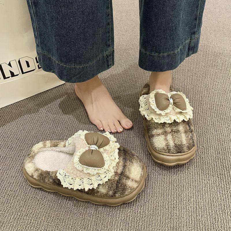 Women's Cotton Slippers Autumn/Winter 2025: Korean Style with Lace Bow, Thick Non-Slip Sole, Warm for Indoor Use.