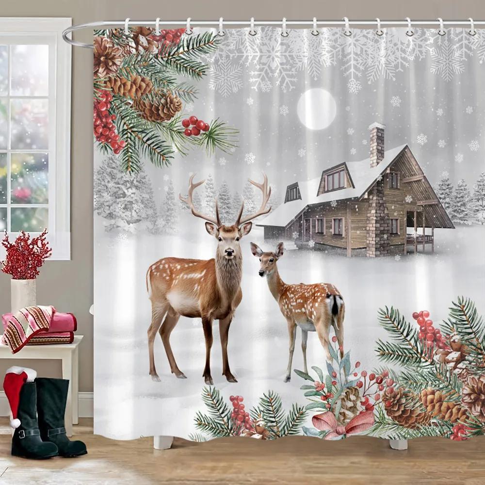 Christmas Elf Shower Curtain Rug Bathroom Set Snowman Fawn Xmas Gift Happy New Year Shower Curtain Set Bathroom Decoration