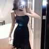 Women's Summer Black Strappy Mini Dress with Waist-Cinching Irregular Fishtail Skirt