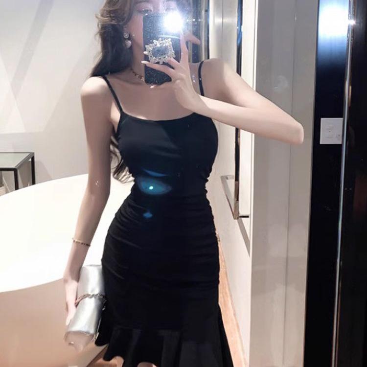 Women's Summer Black Strappy Mini Dress with Waist-Cinching Irregular Fishtail Skirt