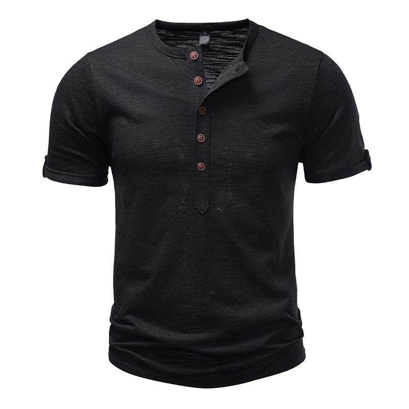 Мужская футболка-henley из фактурного хлопка - Воротник-стойка, рукава с отворотами, планка на пуговицах, повседневный, винтажный, для ежедневного ношения, разных однотонных цветов S чёрный