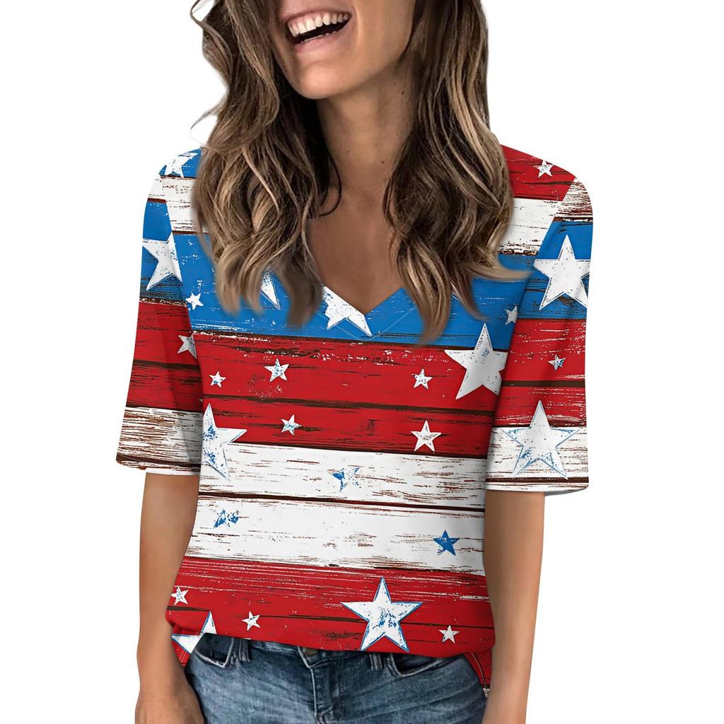 Women's V Neck T Shirts Half Sleeve Tops Printed Casual Summer Tees T Shirt Blouse