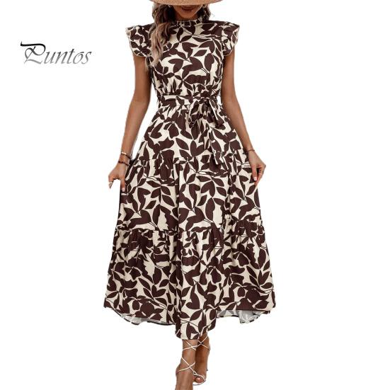 

Женское платье с гофрированными летящими рукавами, цвет листьев, соответствующий принт, на шнуровке, с узкой талией, воротник-стойка, трапециевидной формы, большие качели, плиссированные, пэчворк, подол, вечеринка для выпускного вечера M кофейный