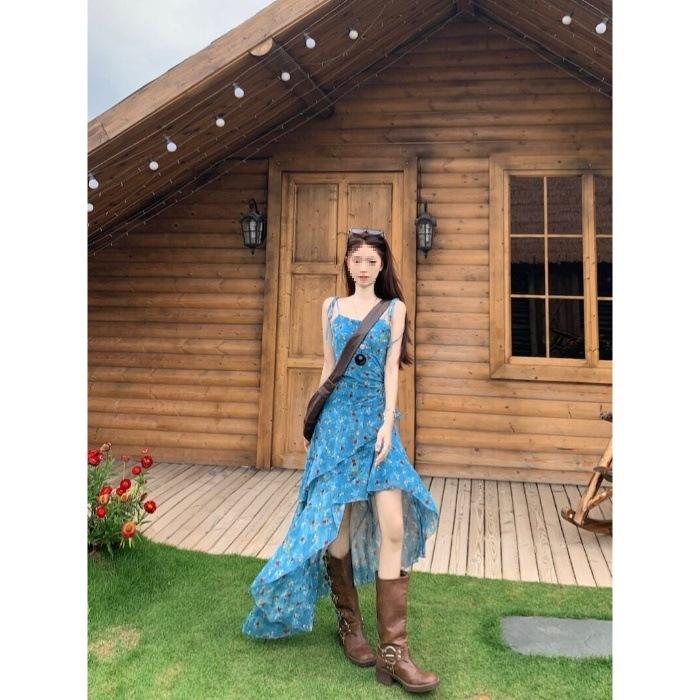 Holiday temperament floral suspender dress summer new sexy streamer blue waist dress women s clothing S