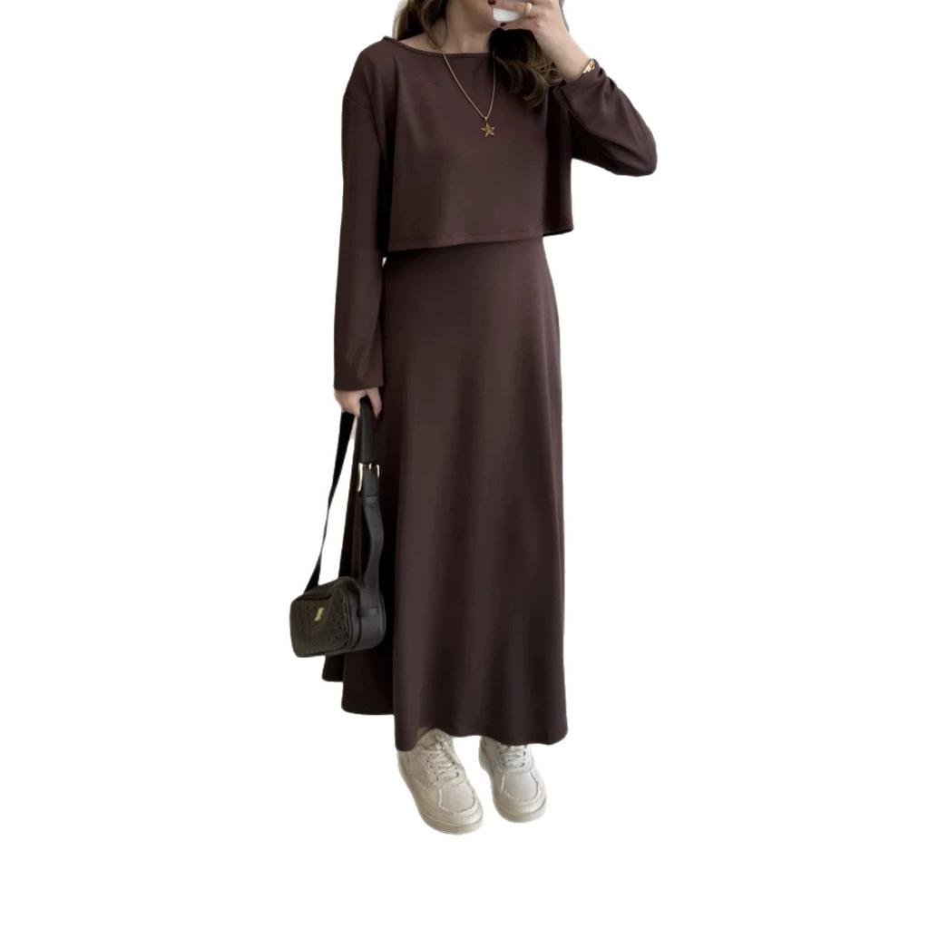  European and American Amazon Women's New Crew Neck Long Sleeve Loose T-Shirt Suspender Slim Dress Temperament Set