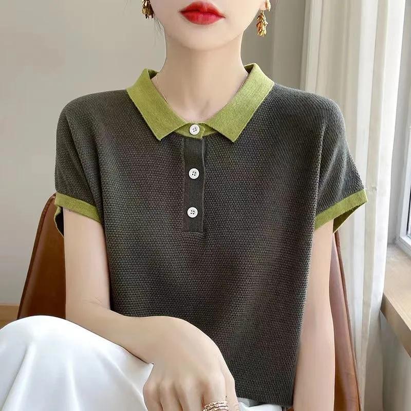 Women's T-shirt Summer Fashion Age Reduction Lady T-shirt Temperament Korean Version POLO Collar Ladies Knitted Tops