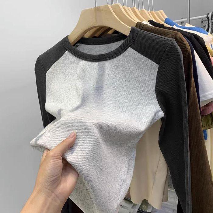 

Autumn/Winter Women s Color Block Raglan Long Sleeve Thick Base Layer Round Neck Top XL сірий колір