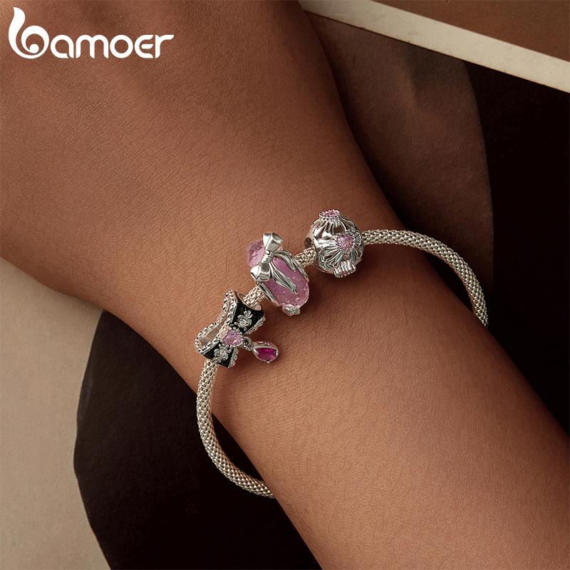 Bamoer Original 925 Silver Witch Knot Pendant Bow Charm Pink Love Beads DIY For Women Party Daily Gift Fine Jewlery