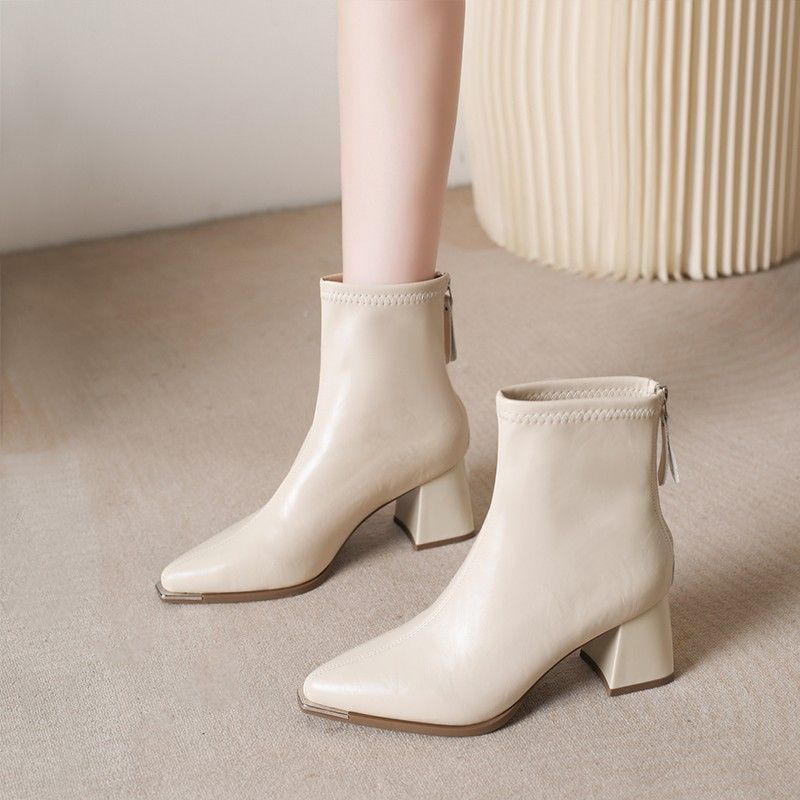 

French short boots high heels 2025 autumn and winter new beige high heeled boots Spice girl square head thick heel fashion boots 35 білий