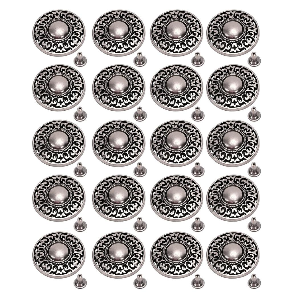 20pcs Metal Jeans Buttons Kit 24mm Metal Buttons Rivet Stud Set for Pants DIY Crafts Antique Silver